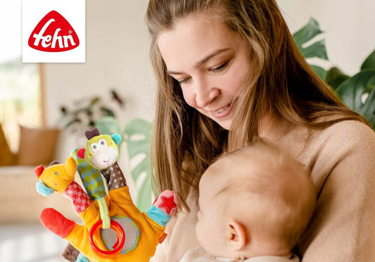 FEHN Safari hand puppet with a rattle, grabber and mirror