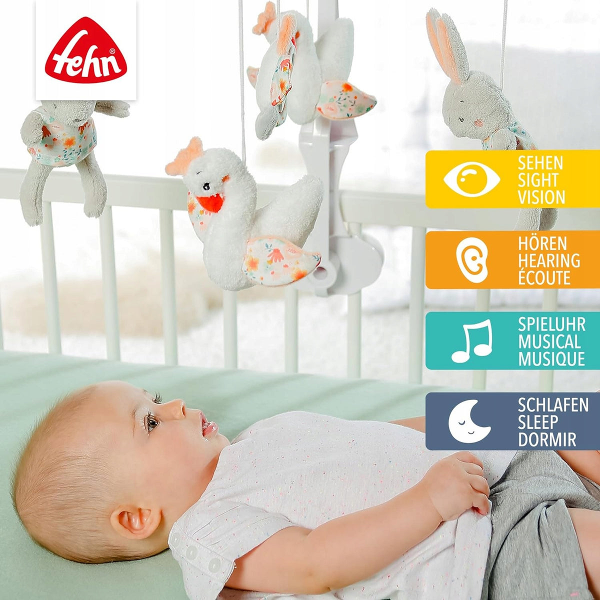 FEHN Jezioro Łabędzi KARUZELA do łóżeczka, pluszowe zabawki i muzyka dla niemowląt 0-5 m
