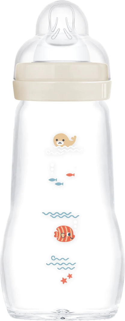 MAM Feel Good beżowa szklana butelka 260 ml z motywem morskim