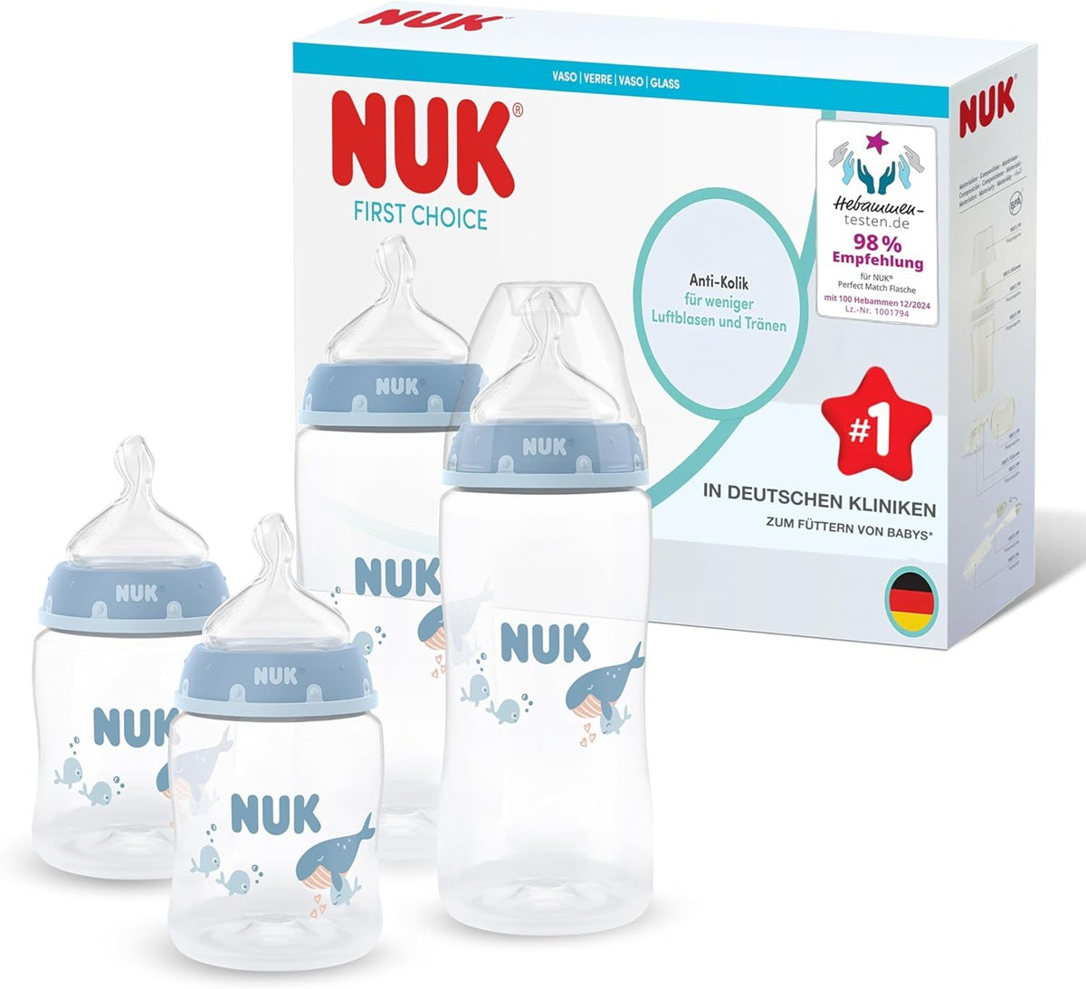 NUK First Choice σετ 4x μπουκάλι 150/300 ml θηλές S/M 0-3 μηνών+ ΦΑΛΑΙΝΑ