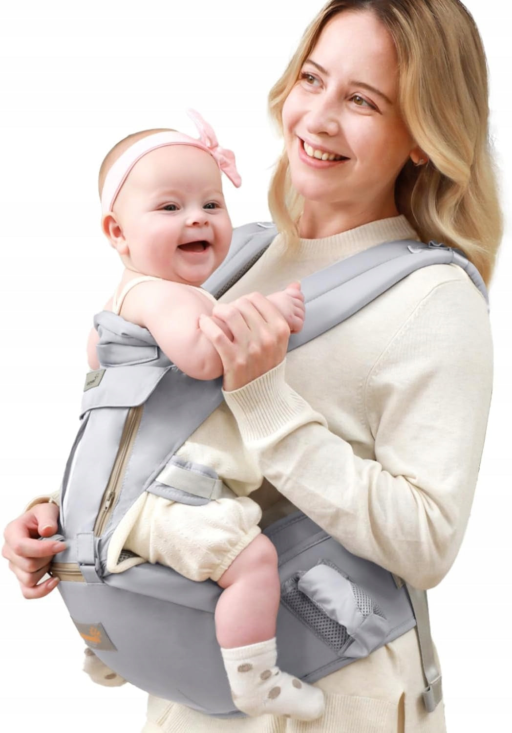 GROWNSY nosidełko ergonomiczne z pasem biodrowym 6w1, szare, dla dziecka 3-22 kg, mama z niemowlęciem