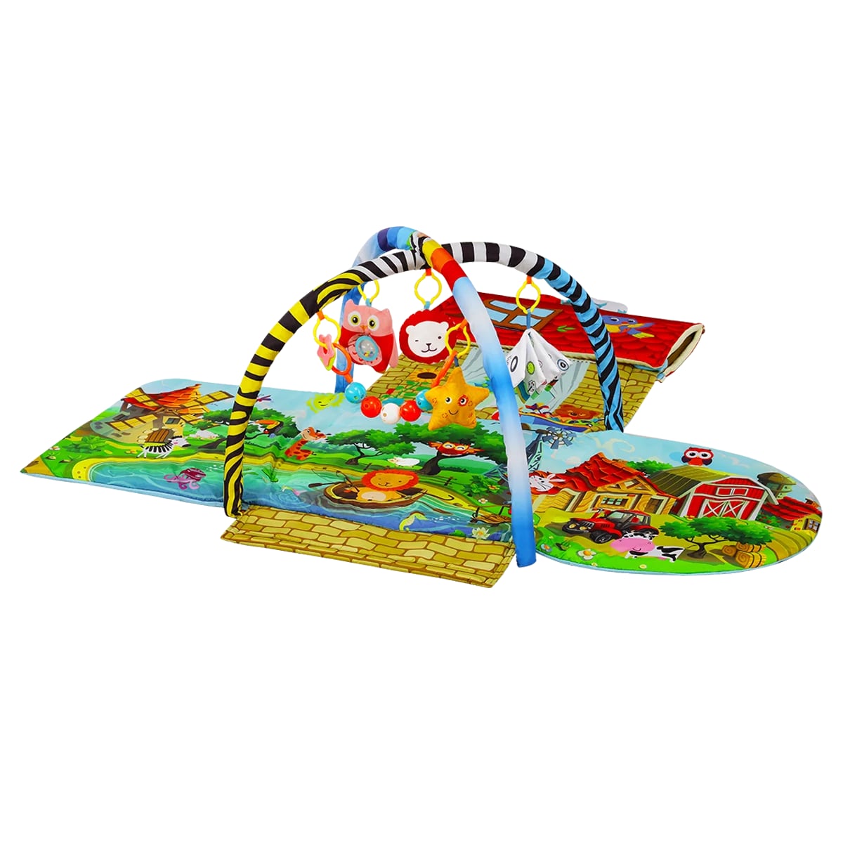 Lionelo Agnes Plus Village – rozłożona mata edukacyjna z pałąkami i domkiem