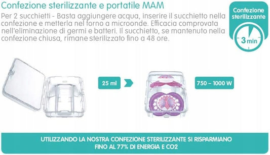 MAM Perfect START smoczek uspokajający x2 0-2msc+ box, sterylizujące pudełko portable do mikrofalówki