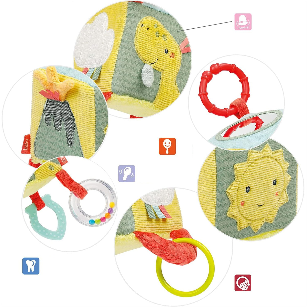 FEHN Happy Dino peluche pendente cubo com chocalho 10 x 10 cm