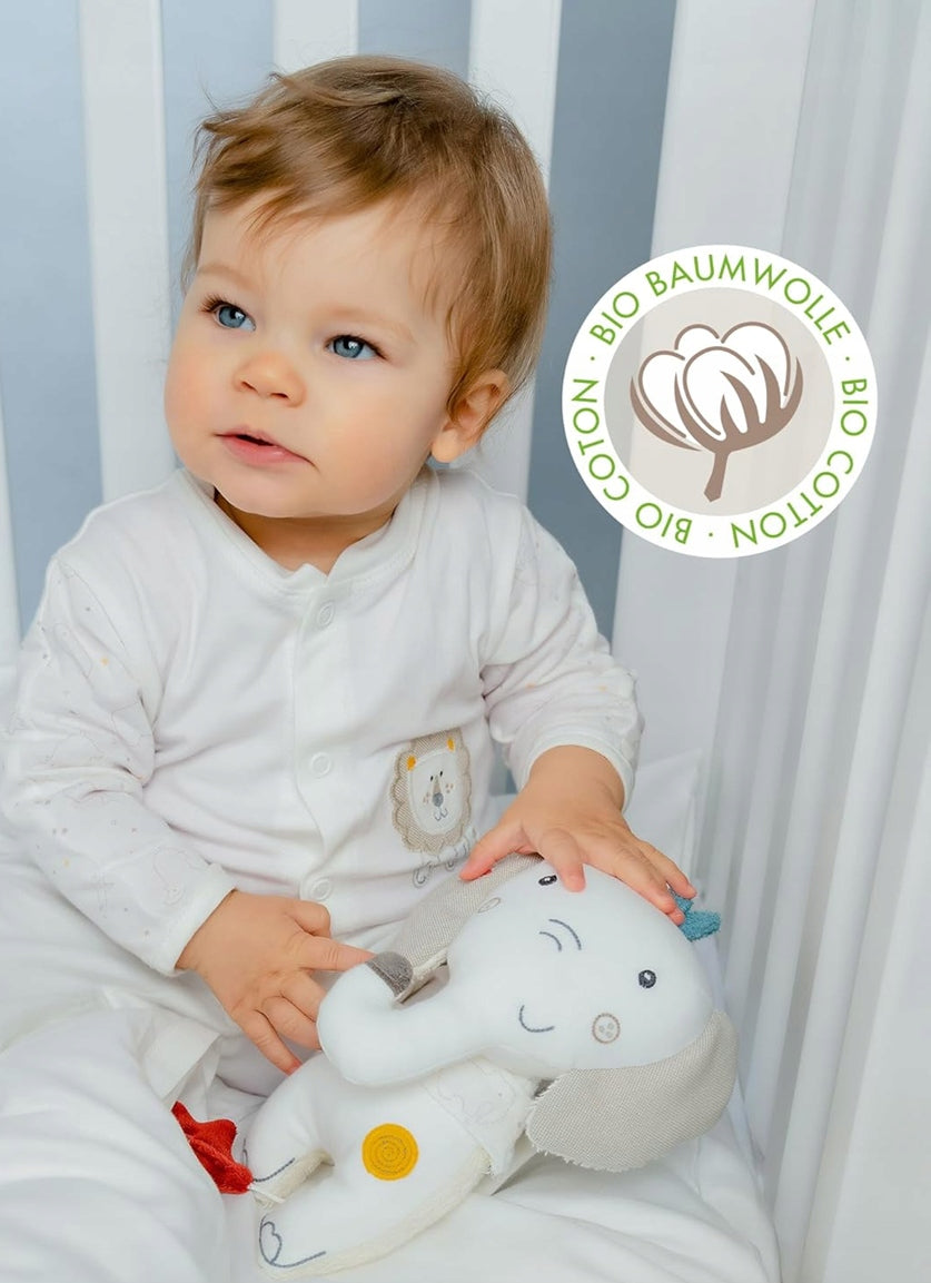 FEHN bavlnená závesná hračka s hracím mechanizmom do postieľky a kočíka SLON 20 cm
