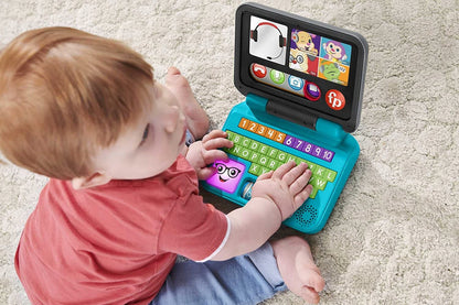 FISHER-PRICE laptop interaktywny J.NIEMIECKI 6m+ dla niemowląt, kolorowy laptop edukacyjny z literkami i cyframi