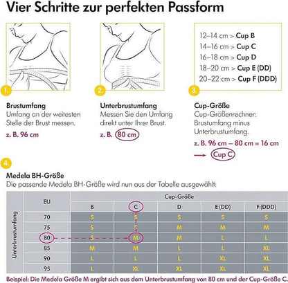 Medela 3w1 biustonosz do karmienia i odciągania XL, tabela doboru rozmiaru z instrukcją pomiaru i dopasowania