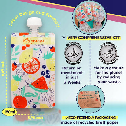 KIDYMOM saszetki wielokrotnego użytku na mus x7 + akcesoria, ekologiczne woreczki 150 ml do musów