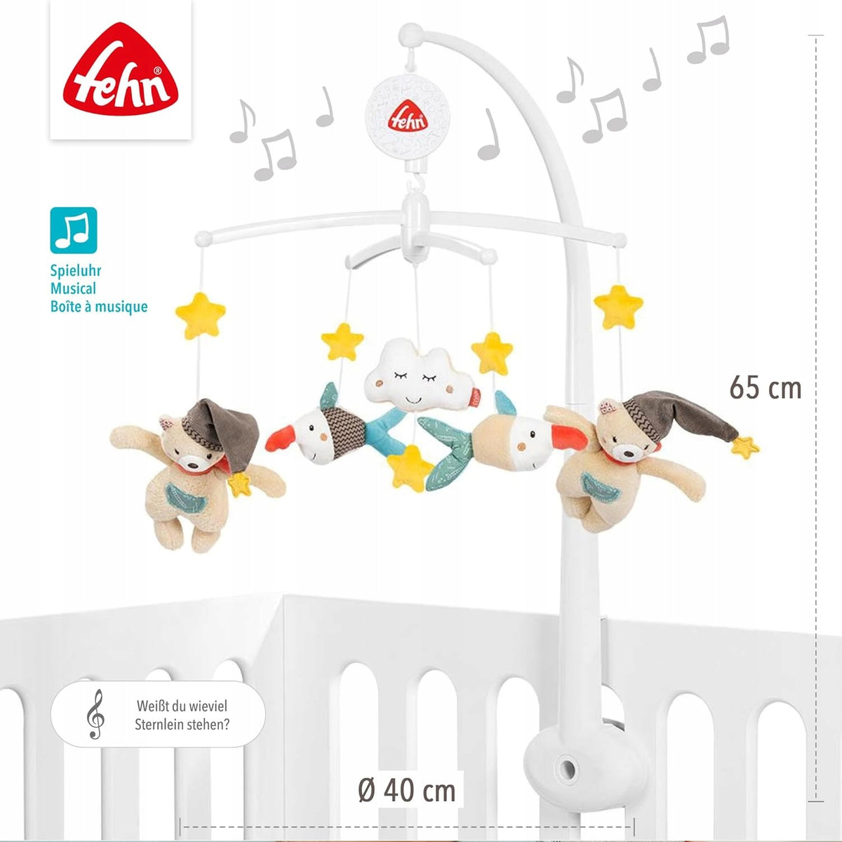FEHN Miś Bruno KARUZELA do łóżeczka z muzyką, pluszowymi zabawkami i gwiazdkami, 65 cm, 0-5 m