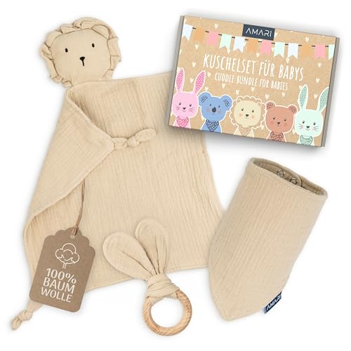 Amari Leeuw-set: knuffel, bijtring en slabbetje