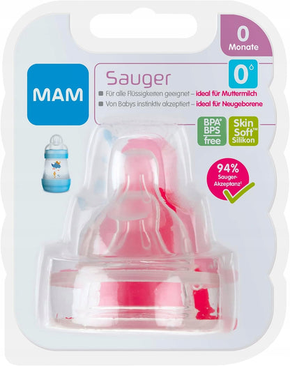MAM smoczki do butelek 0msc x2 silikonowe, BPA/BPS free, do butelek MAM z szeroką szyjką