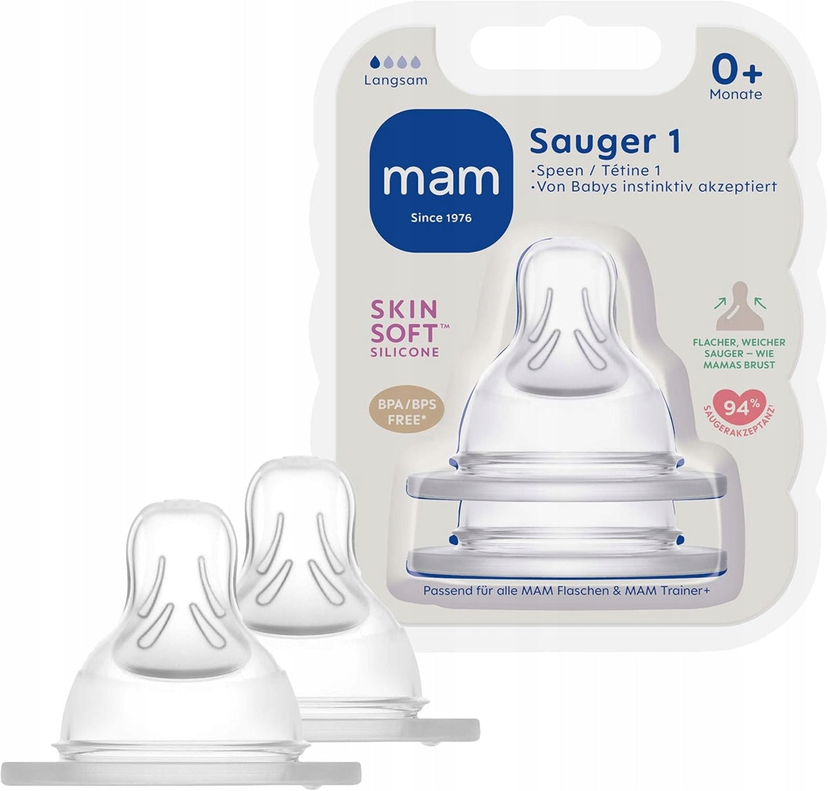 MAM smoczki do butelek 0msc+ x2 silikonowe smoczki BPA i BPS free, 2 sztuki