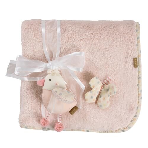 Fehn feehnLAND Vogel Rose – złożony różowy kocyk przewiązany wstążką z ptaszkiem