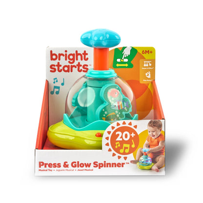 Zabawka Bright Starts Press Glow Spinner w opakowaniu.