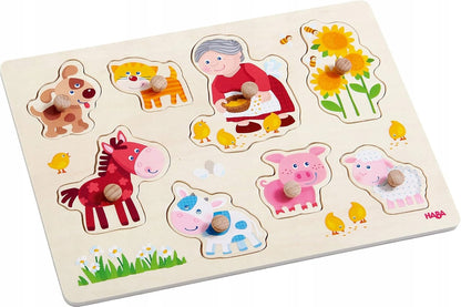 HABA dřevěné vkládací puzzle 8 dílů 21 x 30 cm BABIČKA A JEJÍ ZVÍŘATA