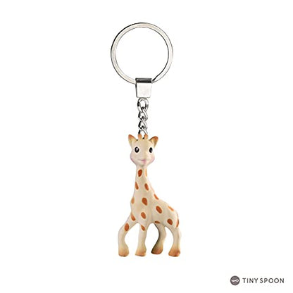 Brelok Sophie la girafe: mała żyrafa na łańcuszku z metalowym kółkiem do kluczy.