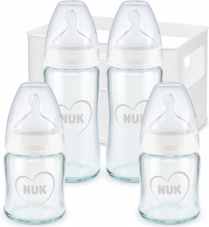 NUK First Choice+ startset med 4 GLASFLASKOR + organiseringskorg 0-6 m