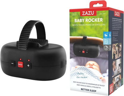Czarny bujak Zazu Baby Rocker z paskiem mocującym i przyciskami, obok oryginalne pudełko.