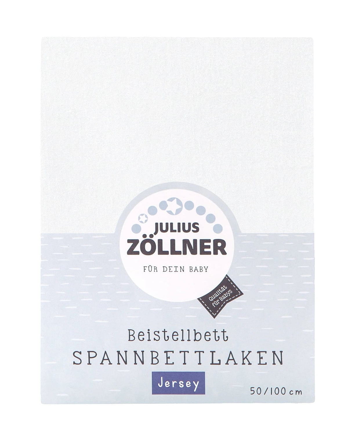Białe prześcieradło jersey Julius Zöllner w opakowaniu z oznaczeniem rozmiaru 50x100 cm.