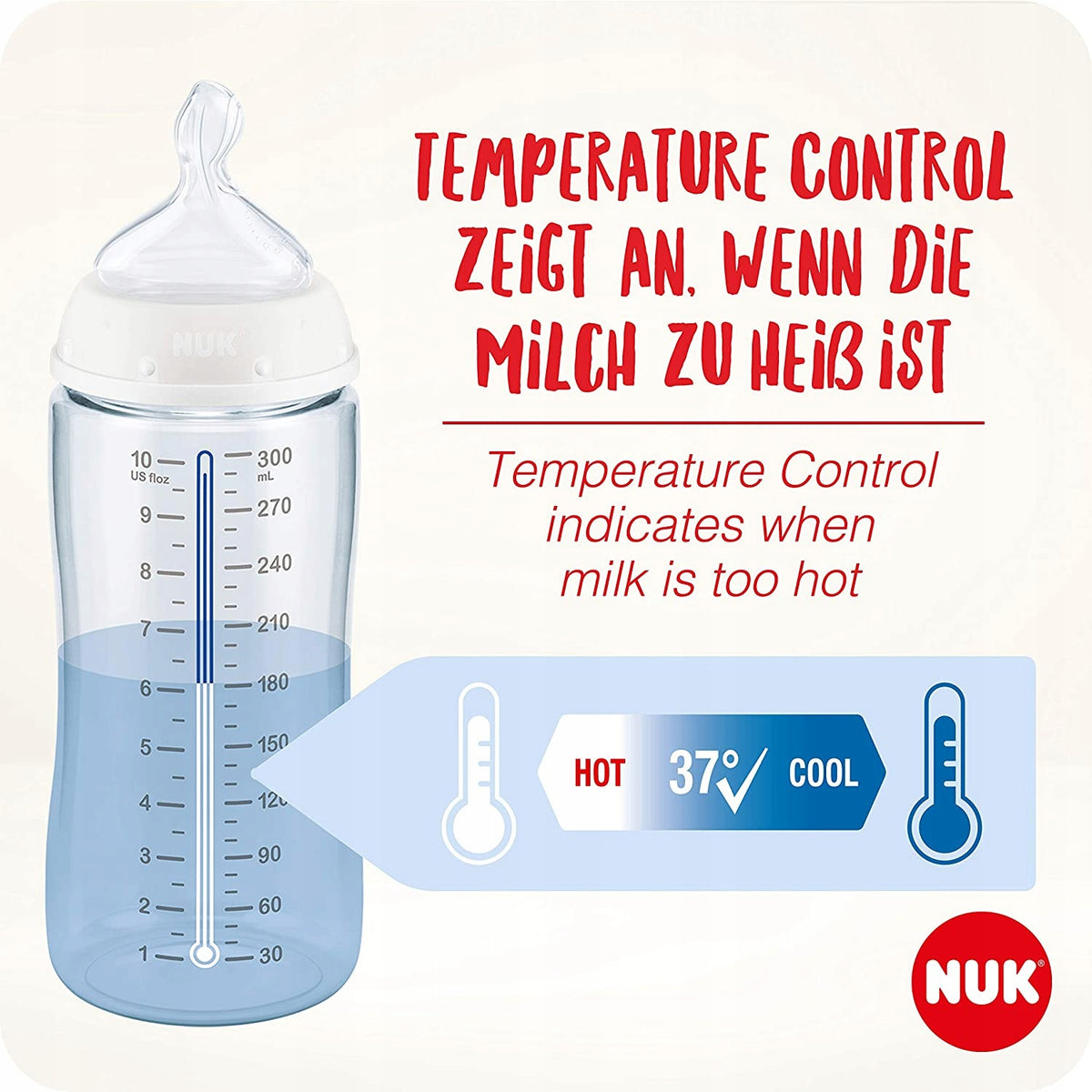 NUK First Choice Plus No Colic – grafika skali temperatury na butelce