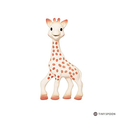 Kauczukowa żyrafa Sophie la girafe z brązowymi cętkami i długą szyją na białym tle.