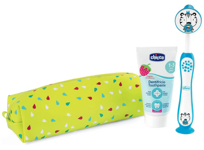 Set CHICCO periuță de dinți cu ventuză și pastă de dinți cu aromă de căpșuni + etui