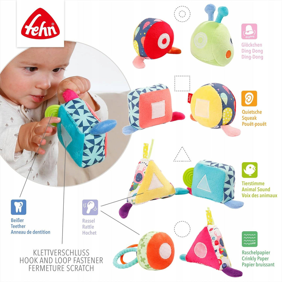 FEHN Color Friends gąsienica puzzle na rzep SENSORYCZNA 36cm, grzechotka i zabawka edukacyjna dla niemowląt