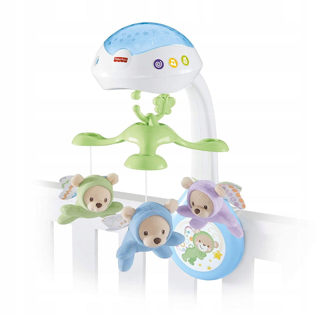 FISHER PRICE karuzela projektor + pilot z misiami, wielokolorowa karuzela do łóżeczka dla niemowląt 0+