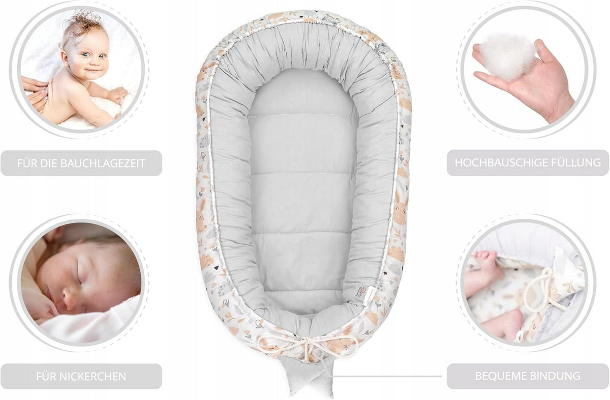 TOTSY BABY kokon niemowlęcy gniazdo 90 x 50, miękki leżaczek dla niemowląt z grubą krawędzią i wygodnym wiązaniem