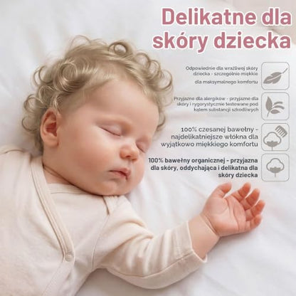 Babybay Deluxe Organic – grafika z dzieckiem i białym prześcieradłem