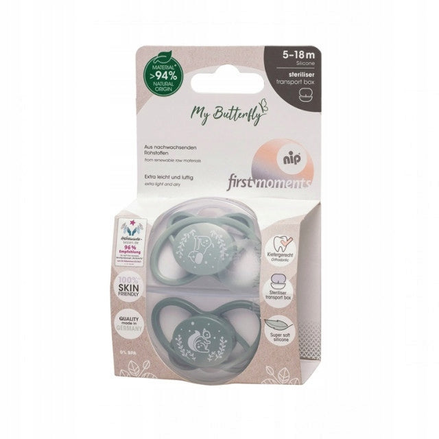 NIP My Butterfly smoczek uspokajający x2 5-18msc, silikonowy, BPA-free, z etui transportowym i motywem Gute-Nacht