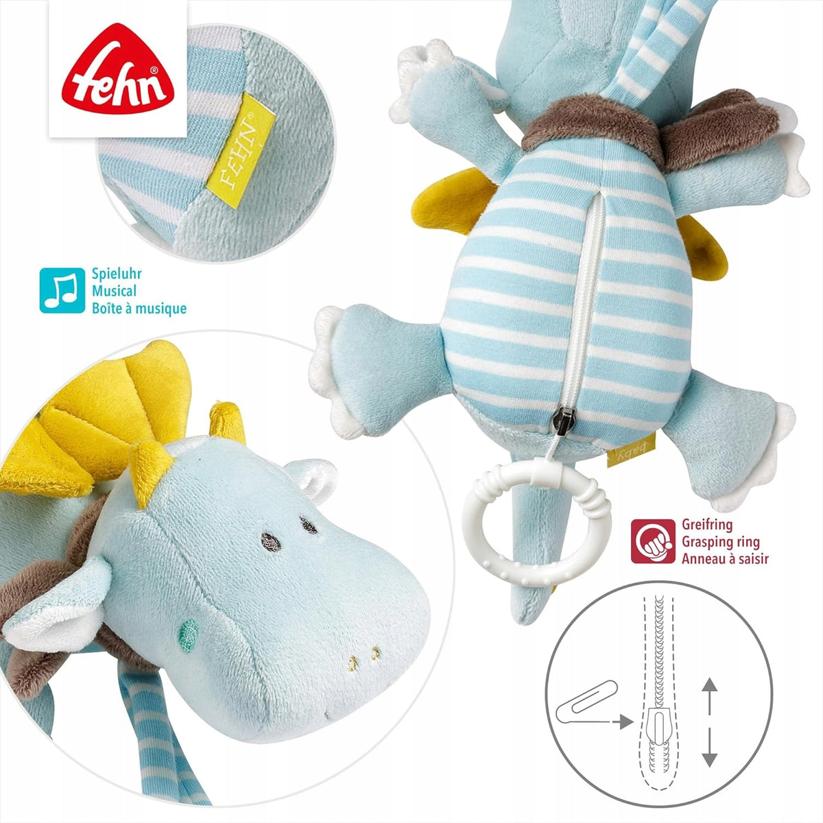 FEHN Mały Zamek zawieszka smok 26cm z pozytywką, niebieski smok do wózka i łóżeczka z gryzakiem