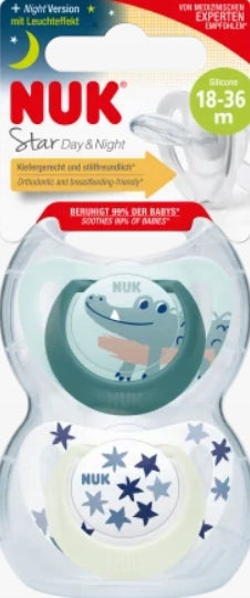 NUK STAR Day&Night smoczek uspokajający x2 18-36msc, silikonowy smoczek nocny w opakowaniu