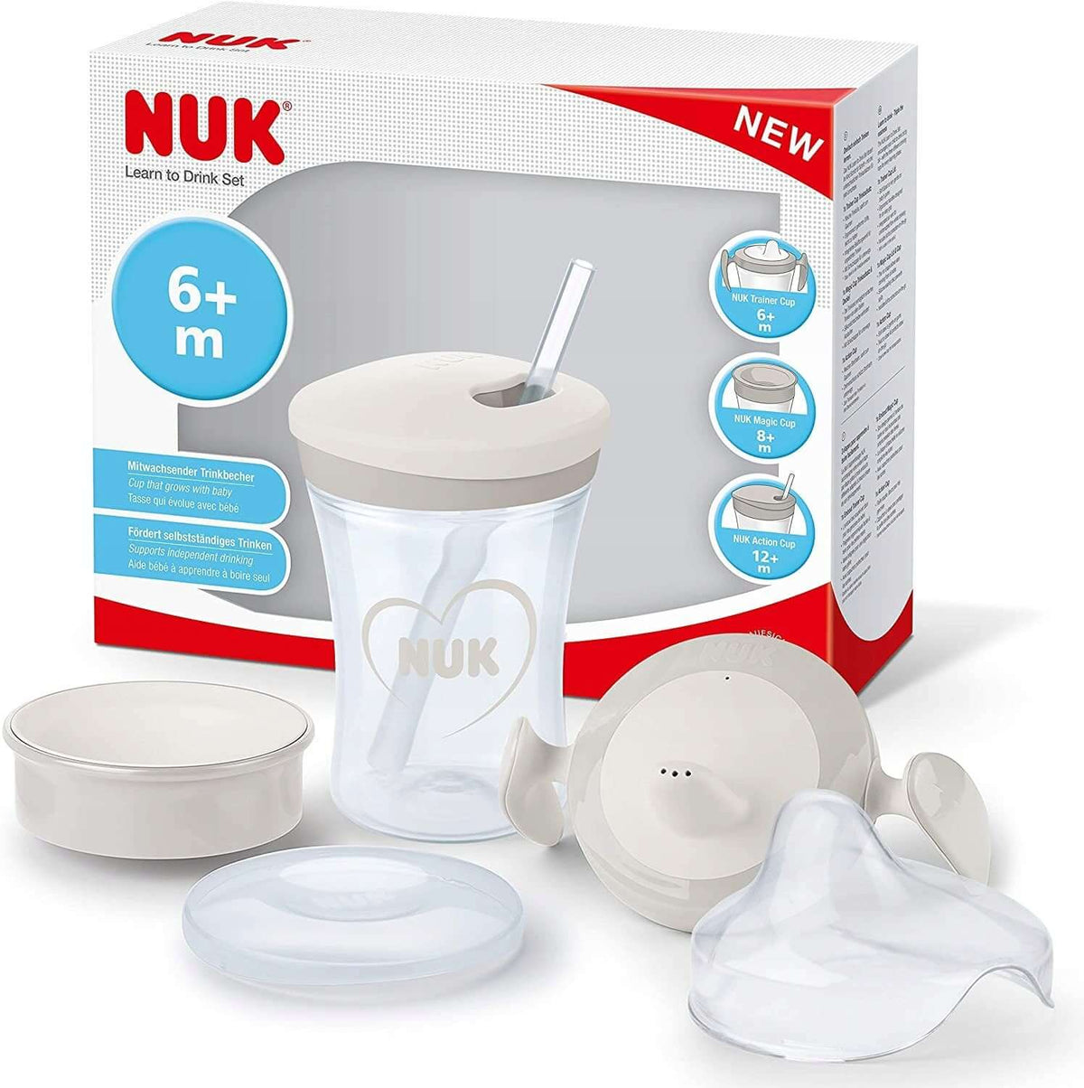 NUK zestaw do nauki picia kubek + 3 ustniki, kubek 230 ml biało-szary