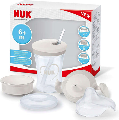 NUK zestaw do nauki picia kubek + 3 ustniki, kubek 230 ml biało-szary