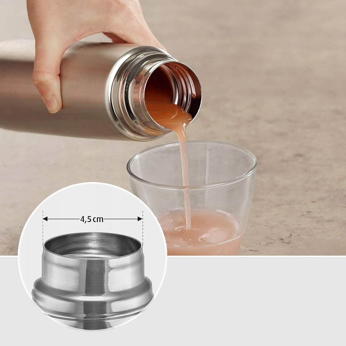 REER Pure termos ze stali nierdzewnej 450 ml srebrny z otworem 4,5 cm, szczelny do gorących i zimnych napojów