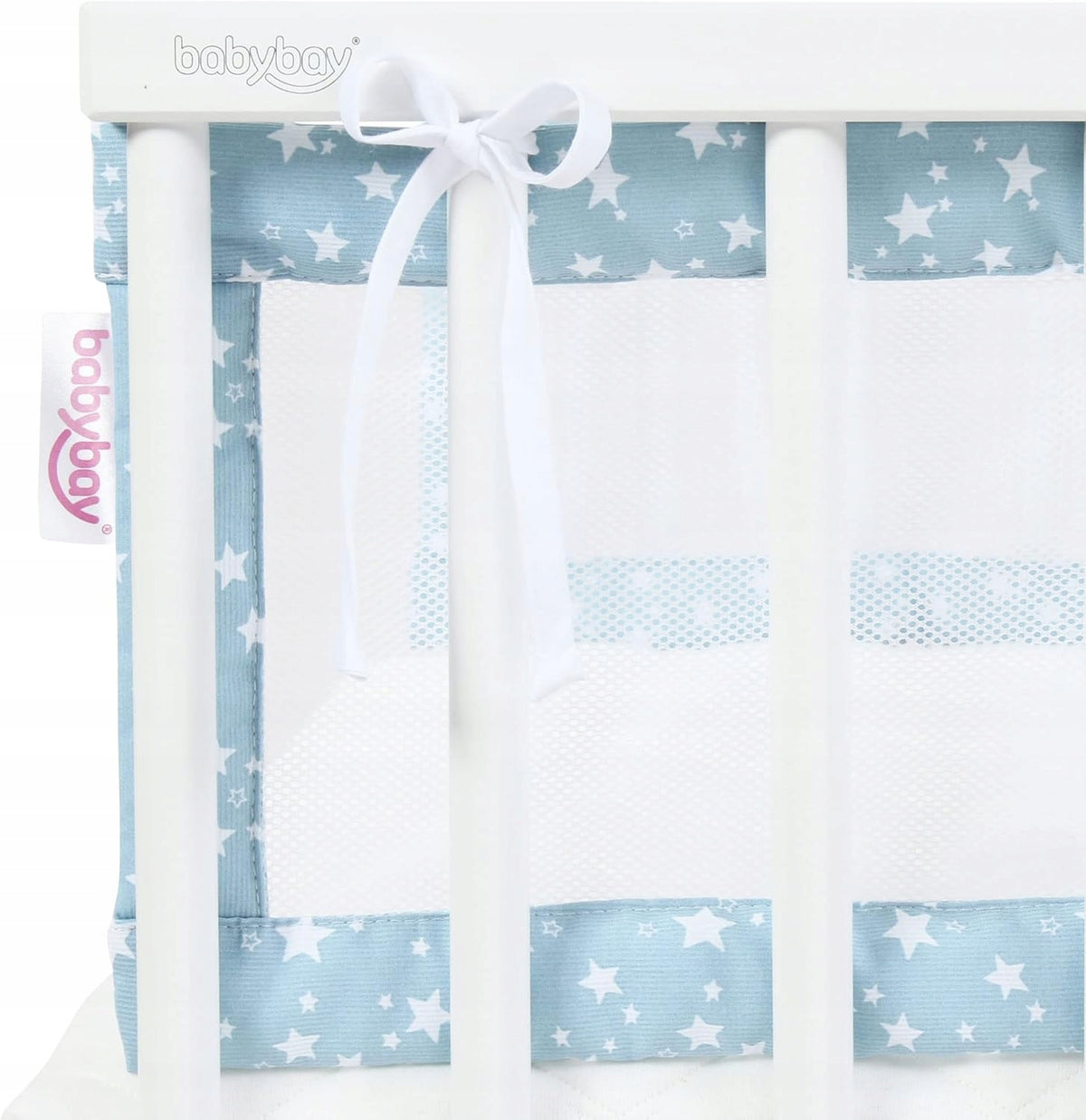 BABYBAY ochraniacz do łóżeczka 168x24cm, niebieski ochraniacz siatkowy w gwiazdki do łóżeczka niemowlęcego