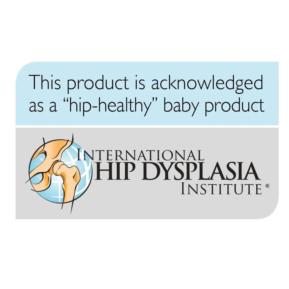 Grafika z logo International Hip Dysplasia Institute i angielskim napisem o produkcie przyjaznym dla bioder.