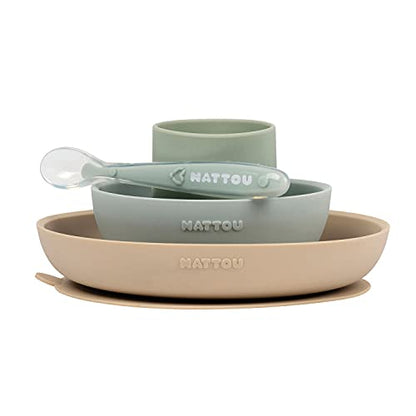 Nattou Mix and Match – zestaw naczyń w kolorze piaskowym i zielonym