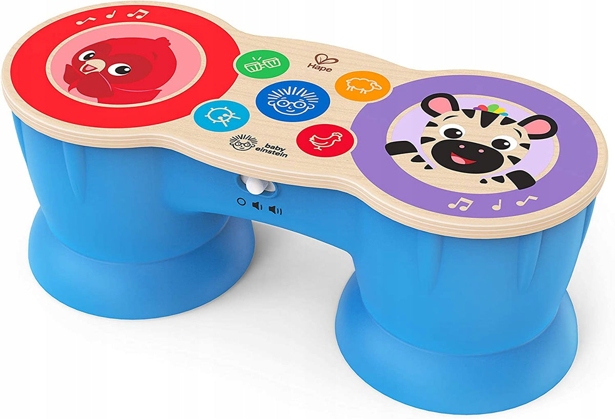 Drewniane bongo Hape Baby Einstein Magic Touch z kolorowymi polami.