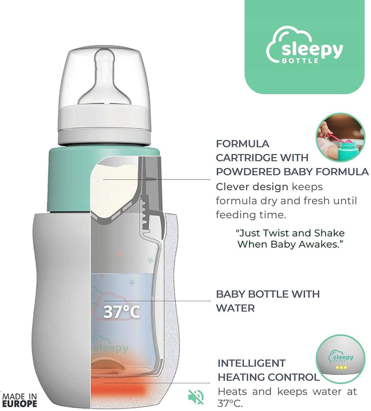 SLEEPY BOTTLE zestaw startowy podgrzewacz z butel1, biało-miętowy podgrzewacz do butelki dla niemowląt z butelką i pojemnikiem na mleko