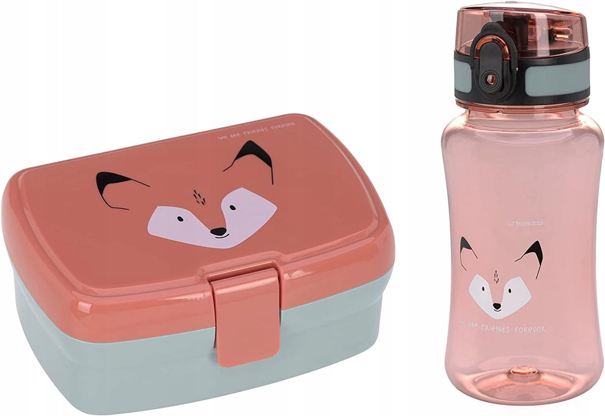 LASSIG zestaw śniadaniowy BIDON śniadaniówka czerwony z lisem, lunchbox i bidon dla dzieci