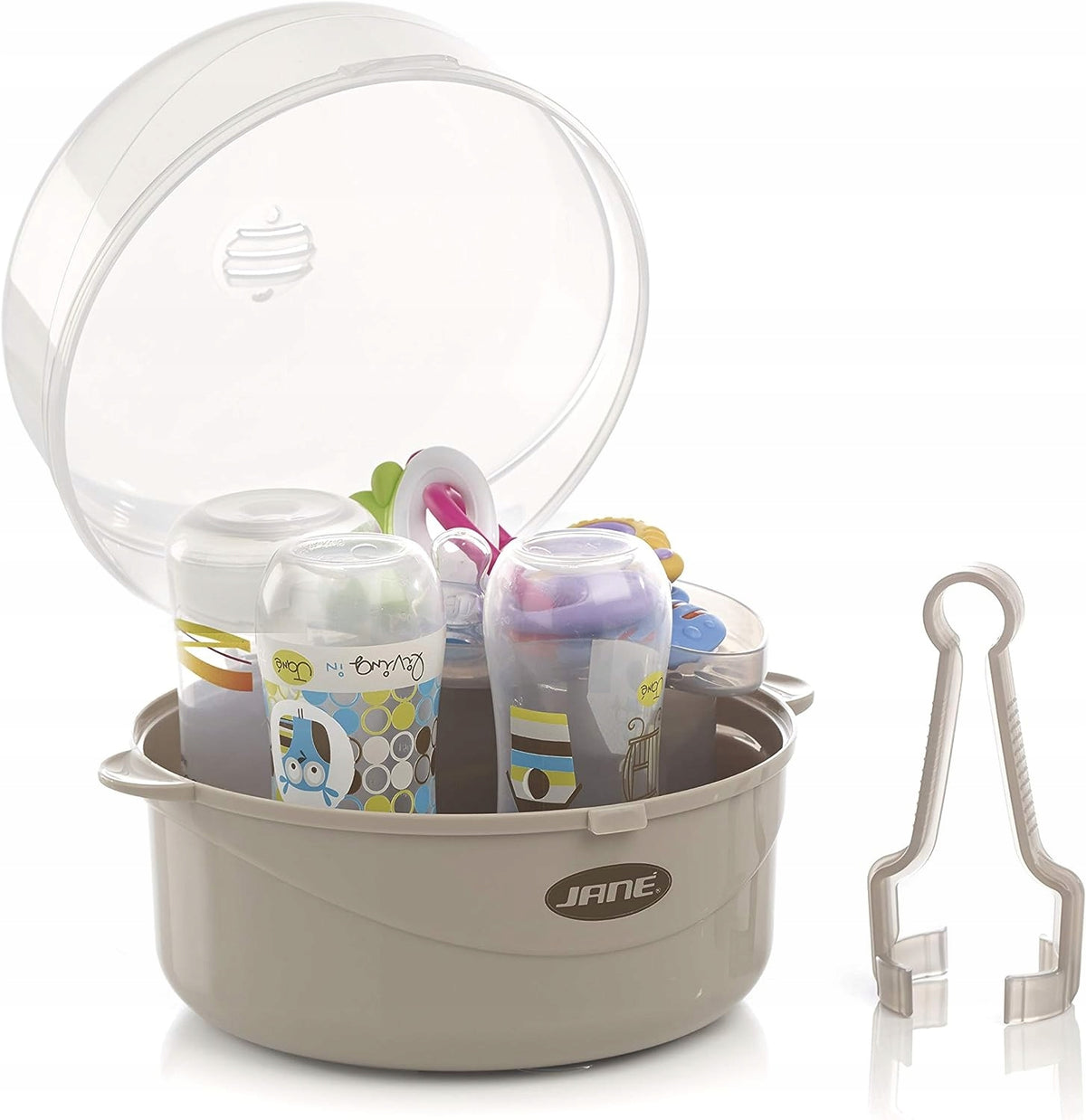 JANE Maternity sterylizator mikrofalowy + szczypce, szary, do 6 butelek, z akcesoriami