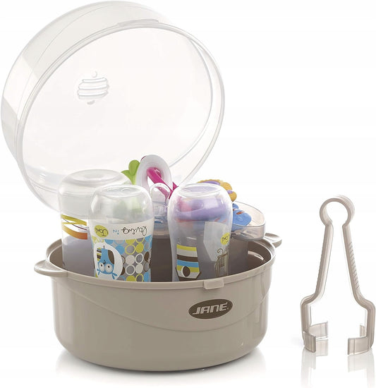 JANE Maternity sterylizator mikrofalowy + szczypce, szary, do 6 butelek, z akcesoriami