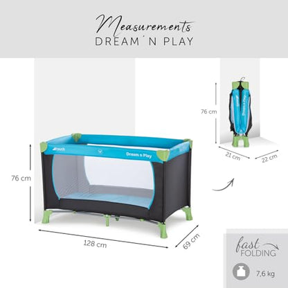 Grafika Hauck Dream N Play pokazująca wymiary łóżeczka po rozłożeniu i złożeniu.