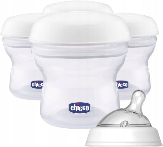 CHICCO pojemniki na mleko 4 x 150 ml + smoczek z nakrętką, białe, BPA/BPS free