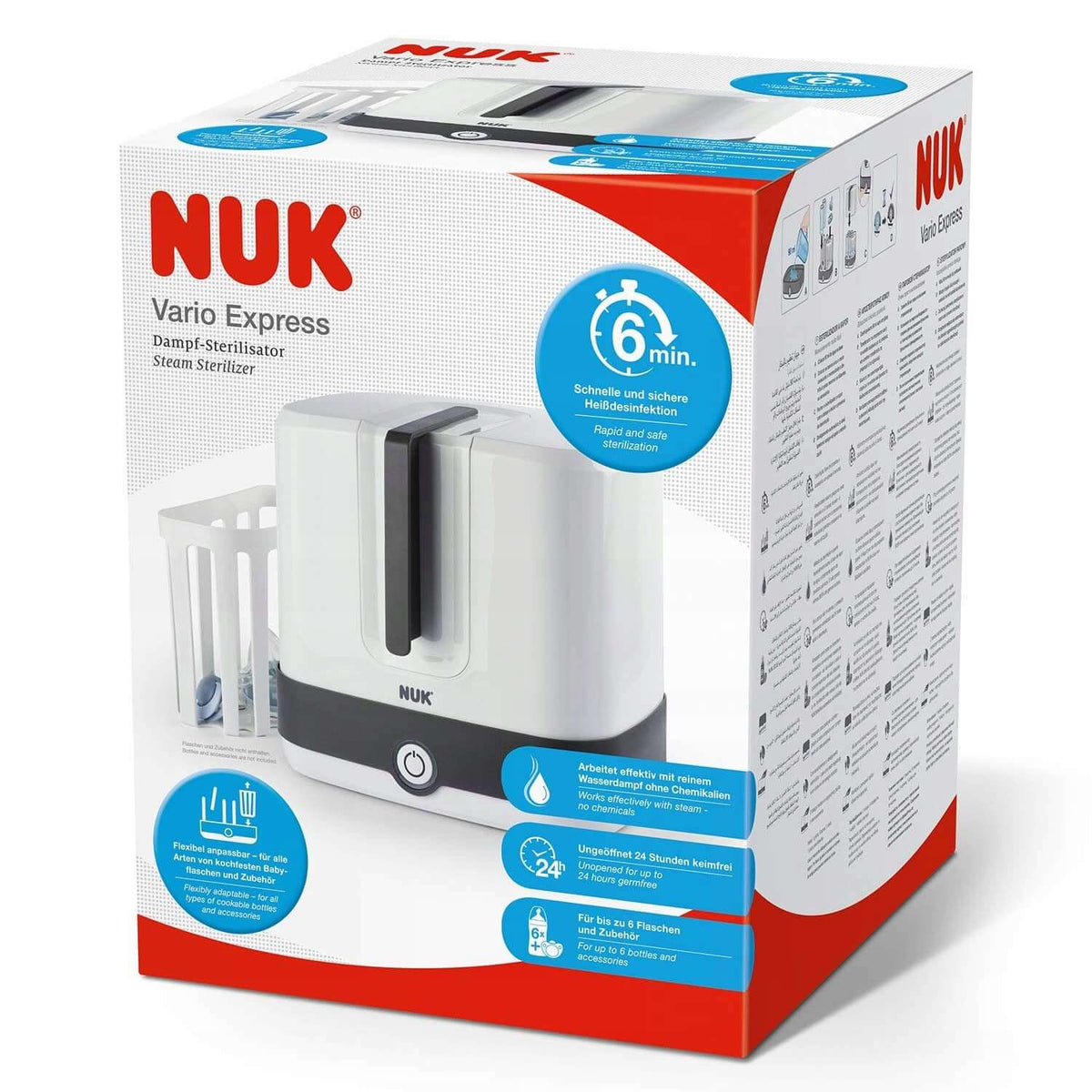 NUK Vario Express sterylizator parowy 6 minut 2, biały, do 6 butelek i akcesoriów