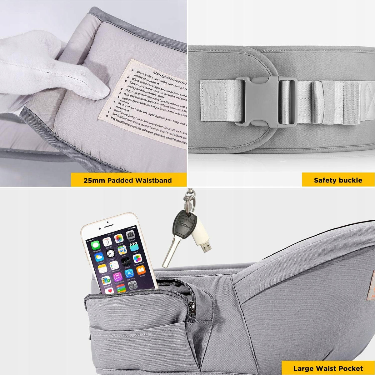 GAGAKU fotelik nosidełko biodrowe 0-36msc szary z 25mm pasem, bezpieczną klamrą i dużą kieszenią