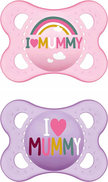 MAM ORIGINAL smoczek uspokajający x2 0-6m +box, różowy i fioletowy smoczek silikonowy z napisem I love MUMMY