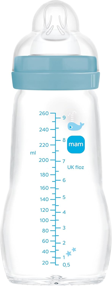 MAM Feel Good γυάλινο μπιμπερό 260 ml, θηλή 1, αργή ροή, 0+